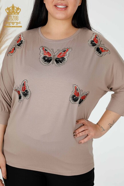 Women's Blouse Butterfly Patterned Mink - 77901 | KAZEE - Thumbnail