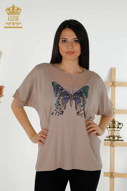 Women's Blouse Butterfly Patterned Mink - 79103 | KAZEE - Thumbnail