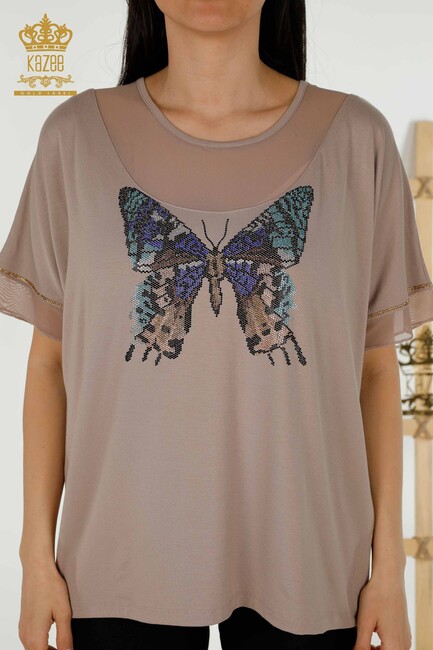 Women's Blouse Butterfly Patterned Mink - 79103 | KAZEE - Thumbnail