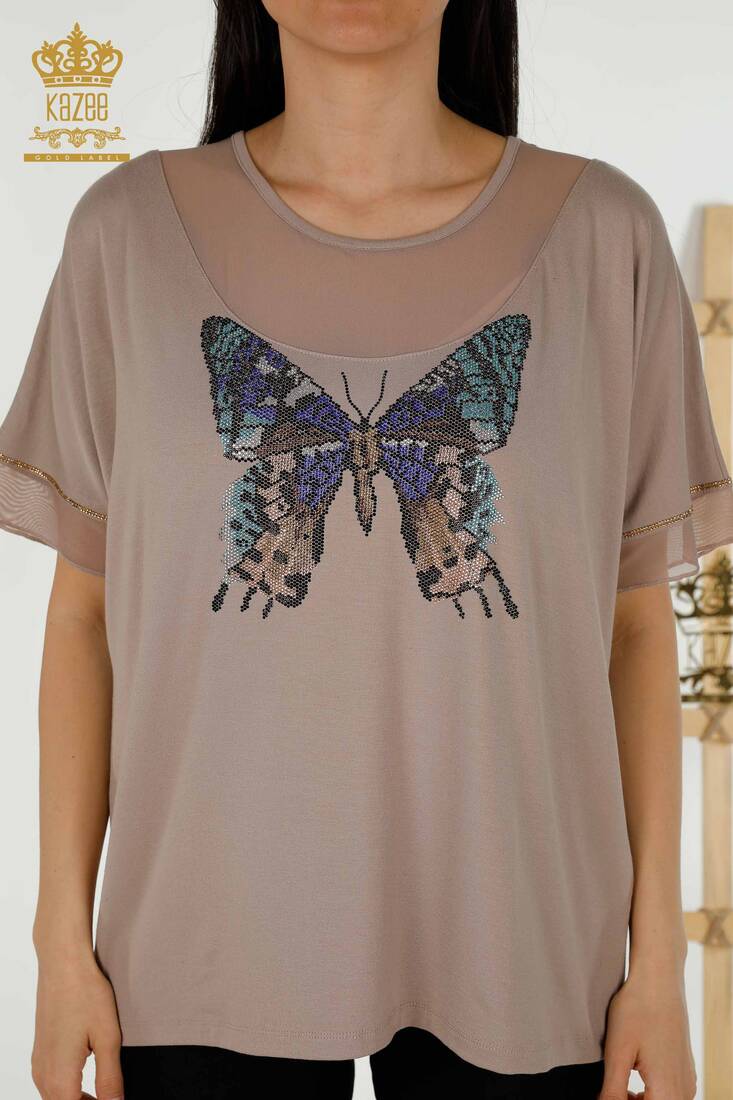 Women's Blouse Butterfly Patterned Mink - 79103 | KAZEE