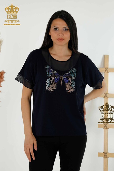 Women's Blouse Butterfly Patterned Navy - 79103 | KAZEE - Thumbnail