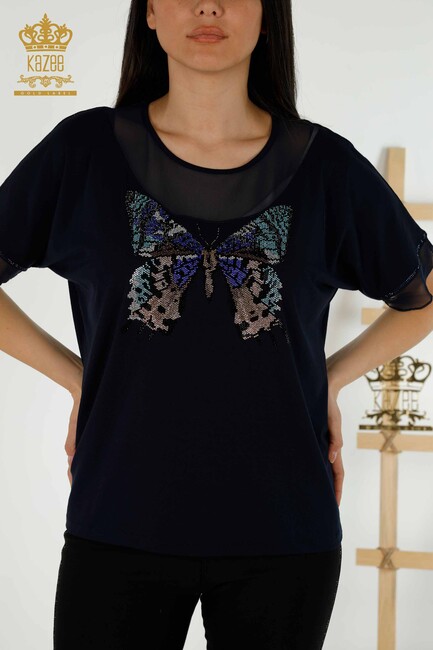 Women's Blouse Butterfly Patterned Navy - 79103 | KAZEE - Thumbnail