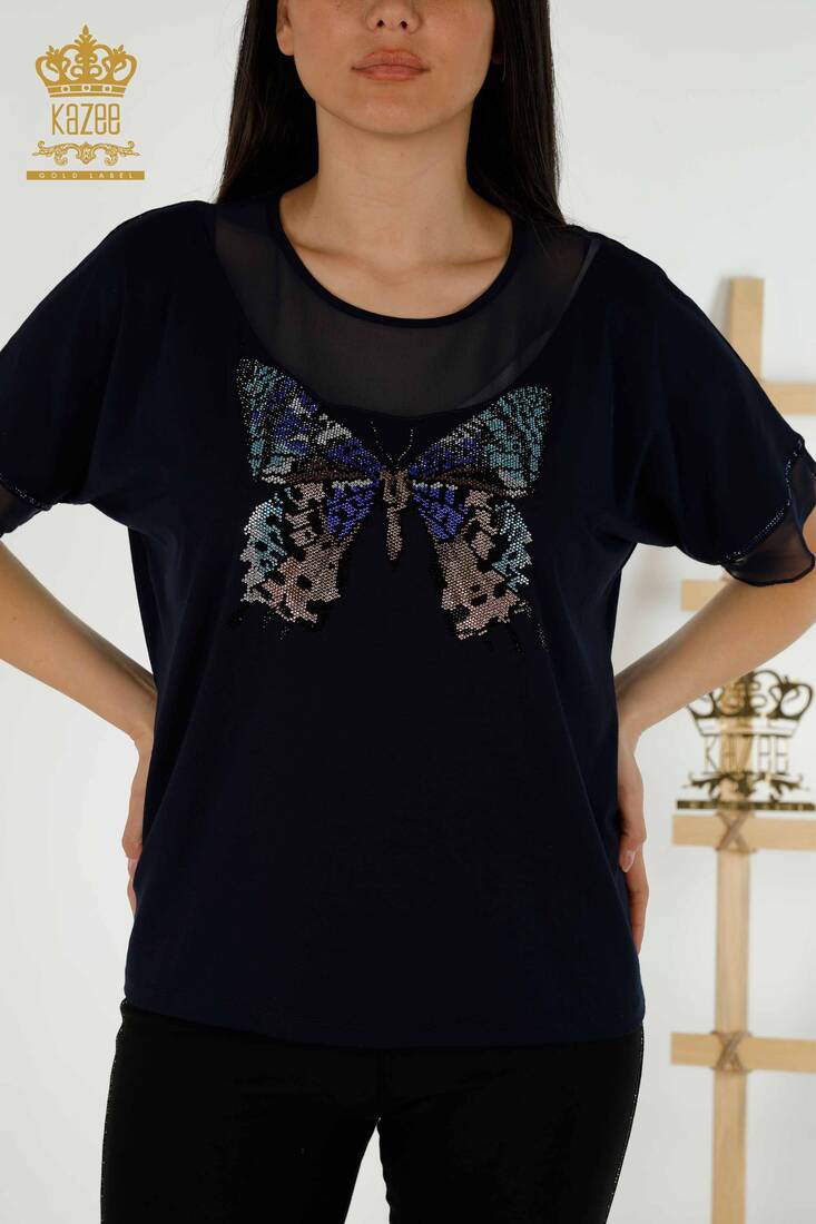 Women's Blouse Butterfly Patterned Navy - 79103 | KAZEE