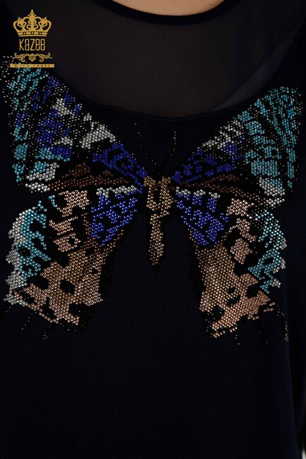 Women's Blouse Butterfly Patterned Navy - 79103 | KAZEE - Thumbnail