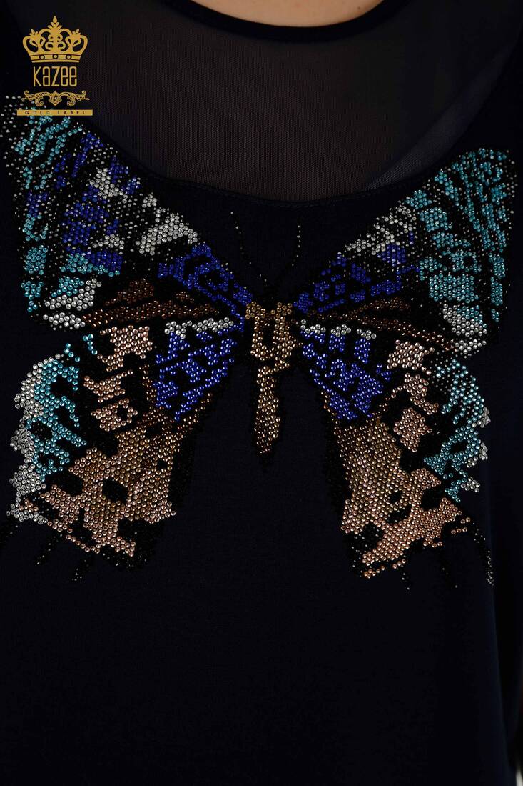 Women's Blouse Butterfly Patterned Navy - 79103 | KAZEE