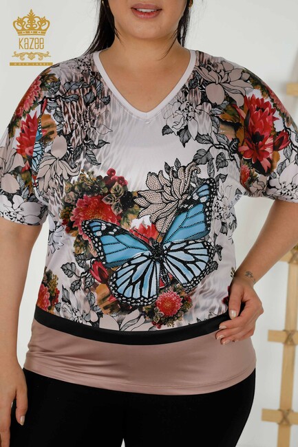 Women's Blouse Butterfly Printed Mink - 12026 | KAZEE - Thumbnail