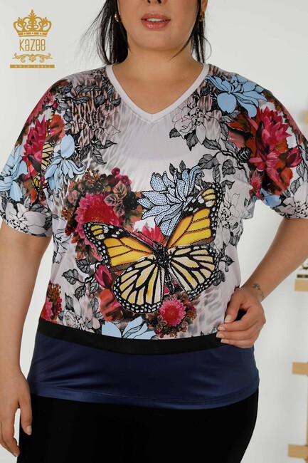 Women's Blouse Butterfly Print Navy Blue - 12026 | KAZEE - Thumbnail