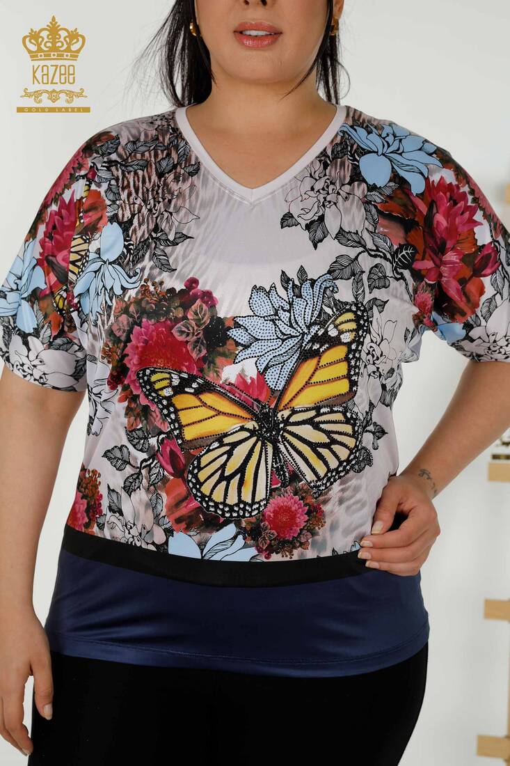 Women's Blouse Butterfly Print Navy Blue - 12026 | KAZEE