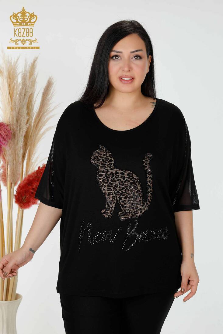 Women's Blouse Cat Pattern Black - 78865 | KAZEE