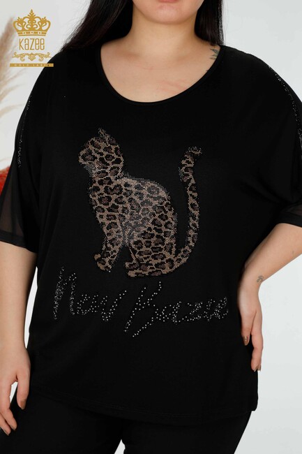 Women's Blouse Cat Pattern Black - 78865 | KAZEE - Thumbnail