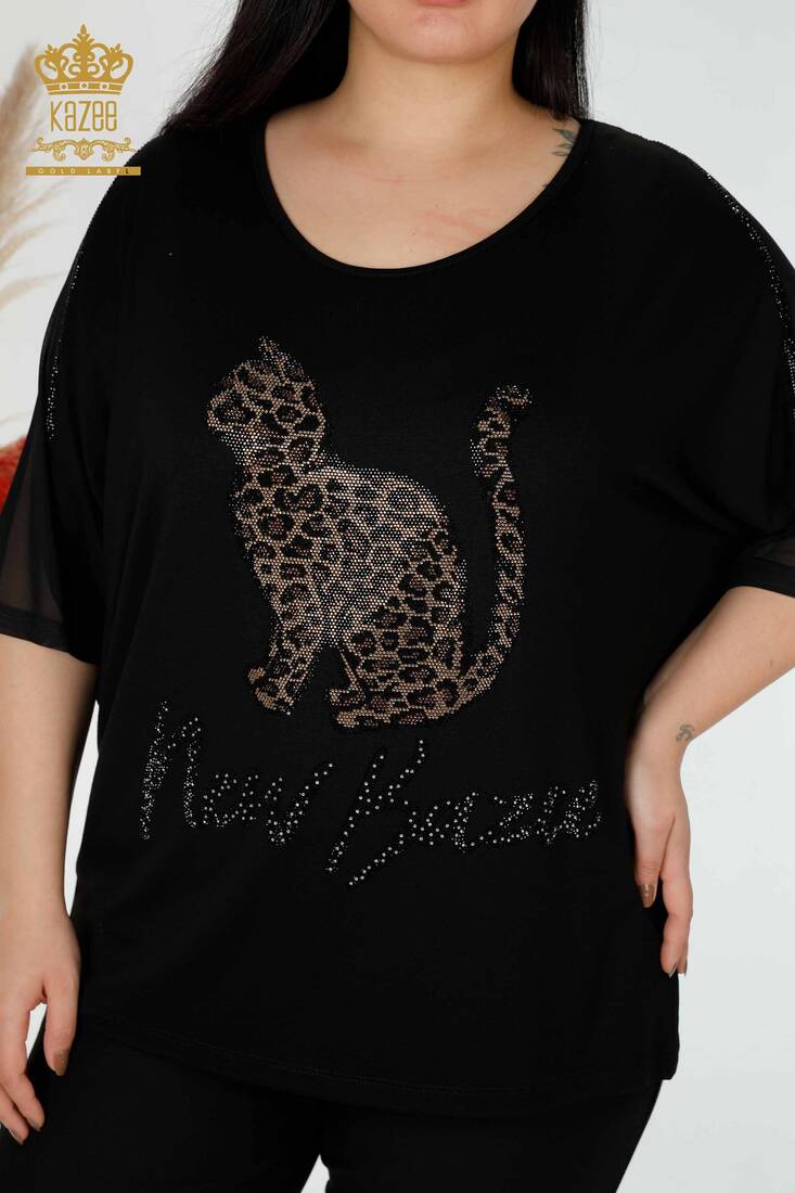 Women's Blouse Cat Pattern Black - 78865 | KAZEE