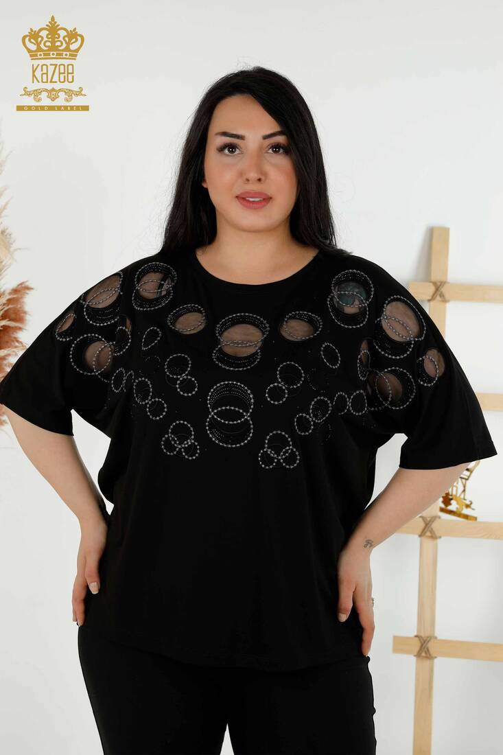 Women's Blouse Circle Pattern Black - 79094 | KAZEE