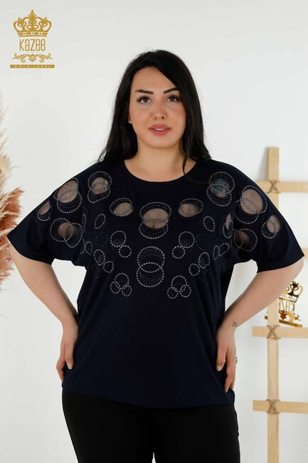 Women's Blouse Circle Pattern Navy Blue - 79094 | KAZEE - Thumbnail