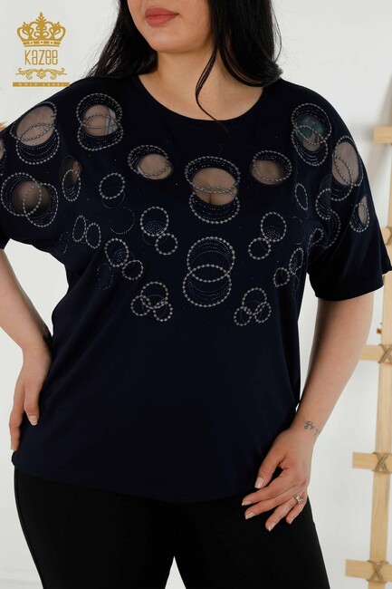 Women's Blouse Circle Pattern Navy Blue - 79094 | KAZEE - Thumbnail