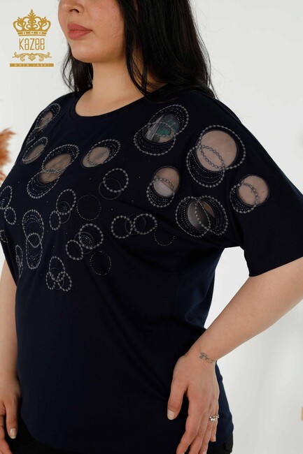 Women's Blouse Circle Pattern Navy Blue - 79094 | KAZEE - Thumbnail