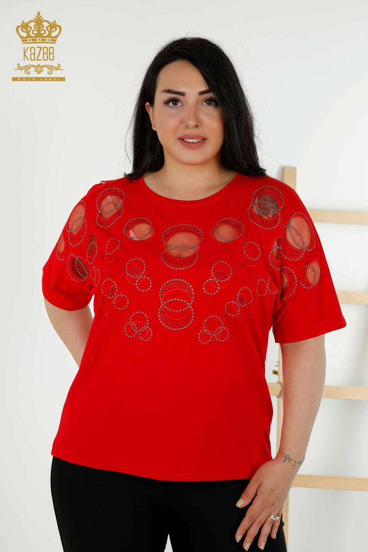 Women's Blouse Circle Pattern Red - 79094 | KAZEE