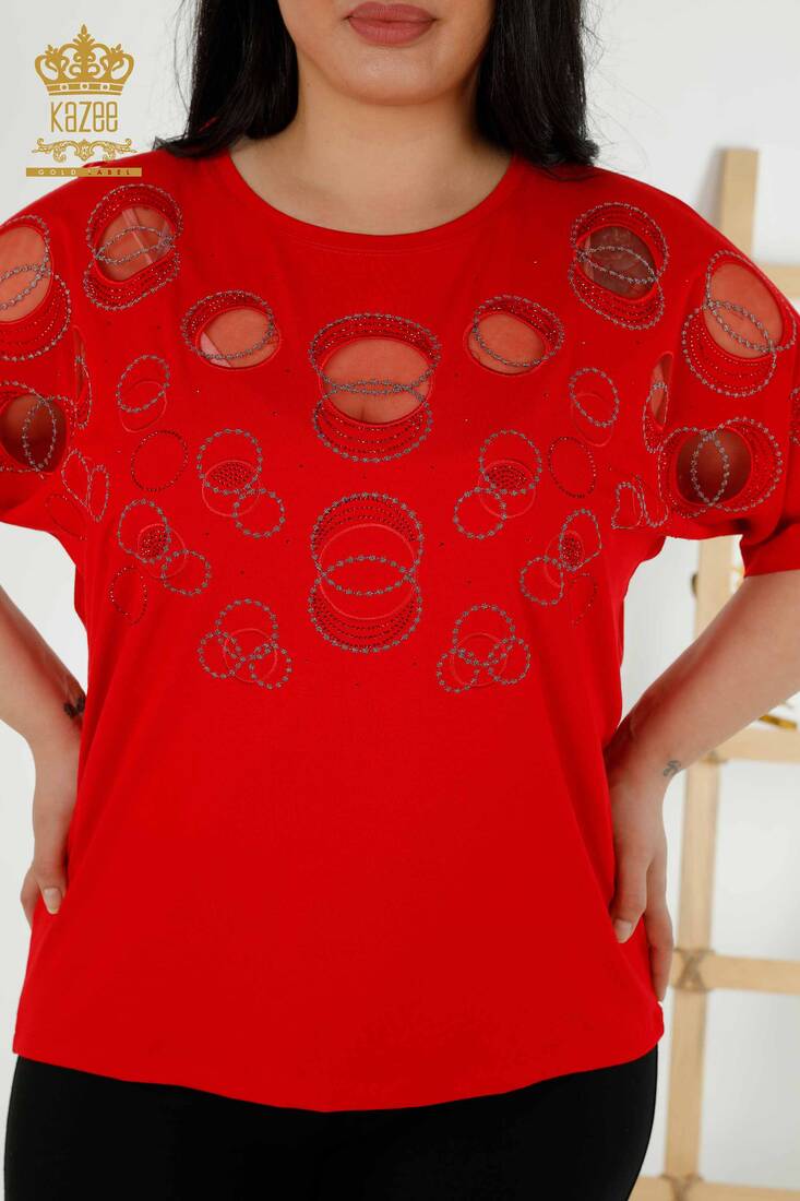 Women's Blouse Circle Pattern Red - 79094 | KAZEE