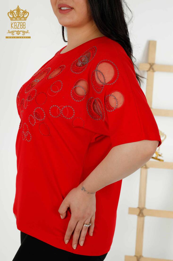 Women's Blouse Circle Pattern Red - 79094 | KAZEE