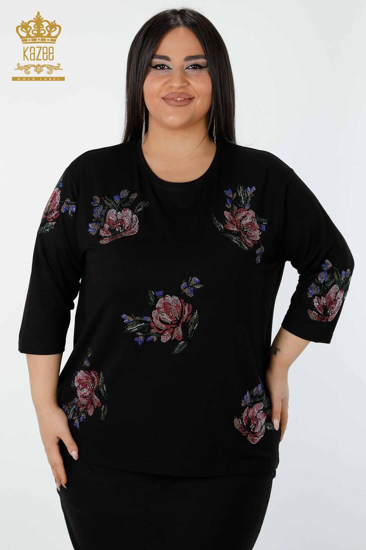 Women's Blouse Colored Stone Embroidered Black - 78965 | KAZEE