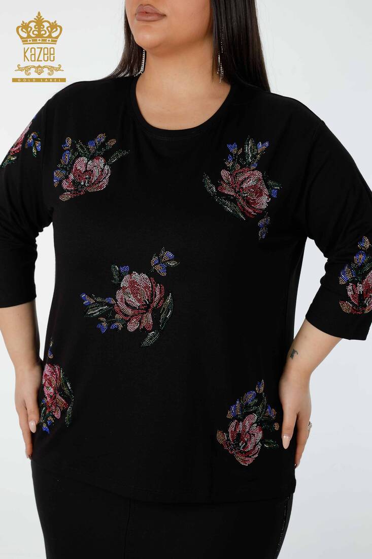 Women's Blouse Colored Stone Embroidered Black - 78965 | KAZEE