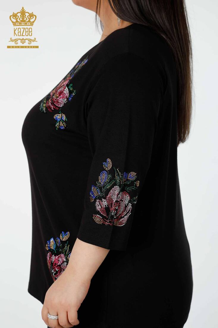 Women's Blouse Colored Stone Embroidered Black - 78965 | KAZEE