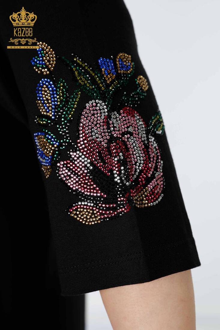 Women's Blouse Colored Stone Embroidered Black - 78965 | KAZEE