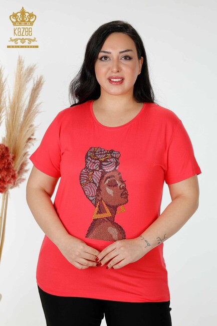 Women's Blouse Colored Stone Embroidered Coral - 77874 | KAZEE - Thumbnail