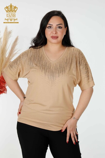 Women's Blouse Crystal Embroidered Beige - 77938 | KAZEE - Thumbnail