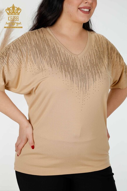 Women's Blouse Crystal Embroidered Beige - 77938 | KAZEE - Thumbnail