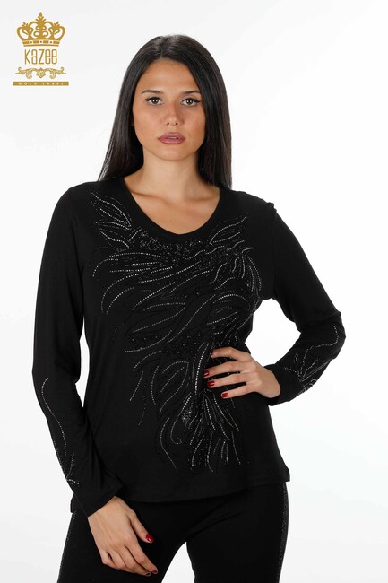 Women's Blouse Crystal Stone Embroidered Black - 79020 | KAZEE - Thumbnail