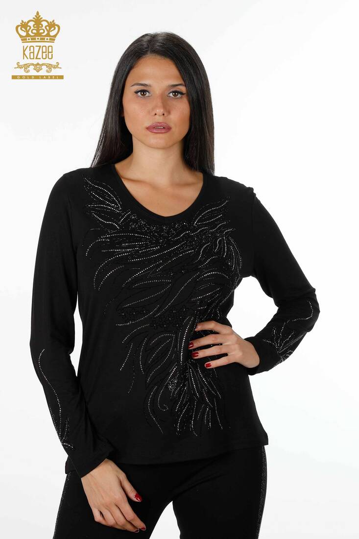 Women's Blouse Crystal Stone Embroidered Black - 79020 | KAZEE