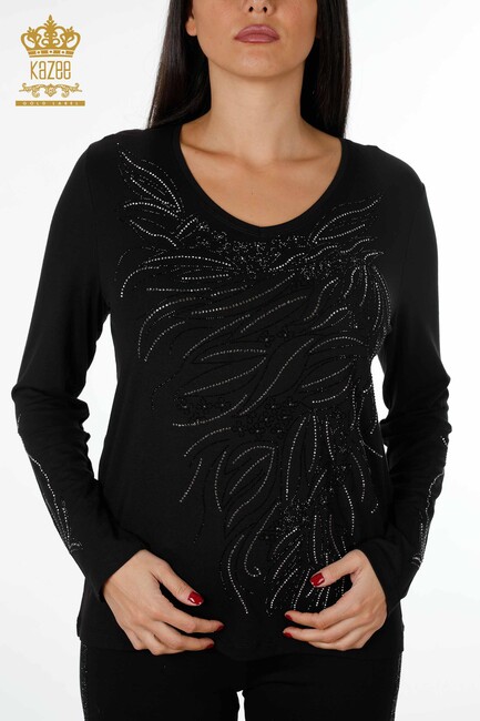 Women's Blouse Crystal Stone Embroidered Black - 79020 | KAZEE - Thumbnail