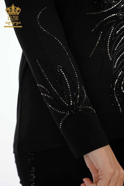 Women's Blouse Crystal Stone Embroidered Black - 79020 | KAZEE - Thumbnail