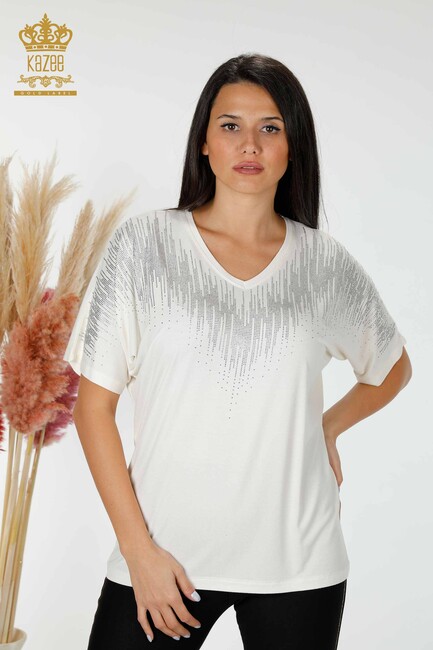 Women's Blouse Crystal Embroidered Ecru - 77938 | KAZEE - Thumbnail