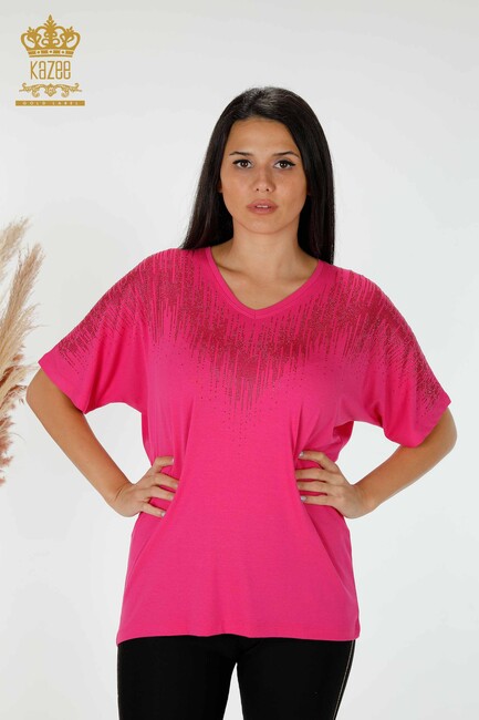 Women's Blouse Crystal Embroidered Fuchsia - 77938 | KAZEE - Thumbnail