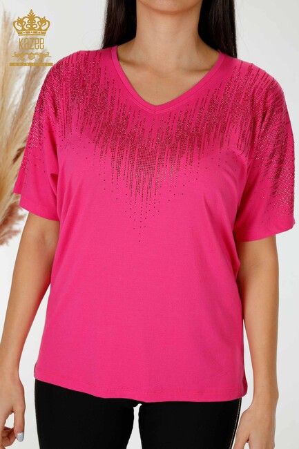 Women's Blouse Crystal Embroidered Fuchsia - 77938 | KAZEE - Thumbnail