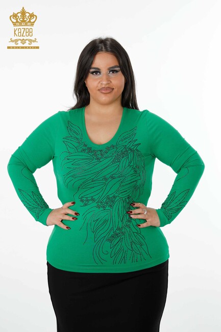 Women's Blouse Crystal Embroidered Green - 79020 | KAZEE - Thumbnail