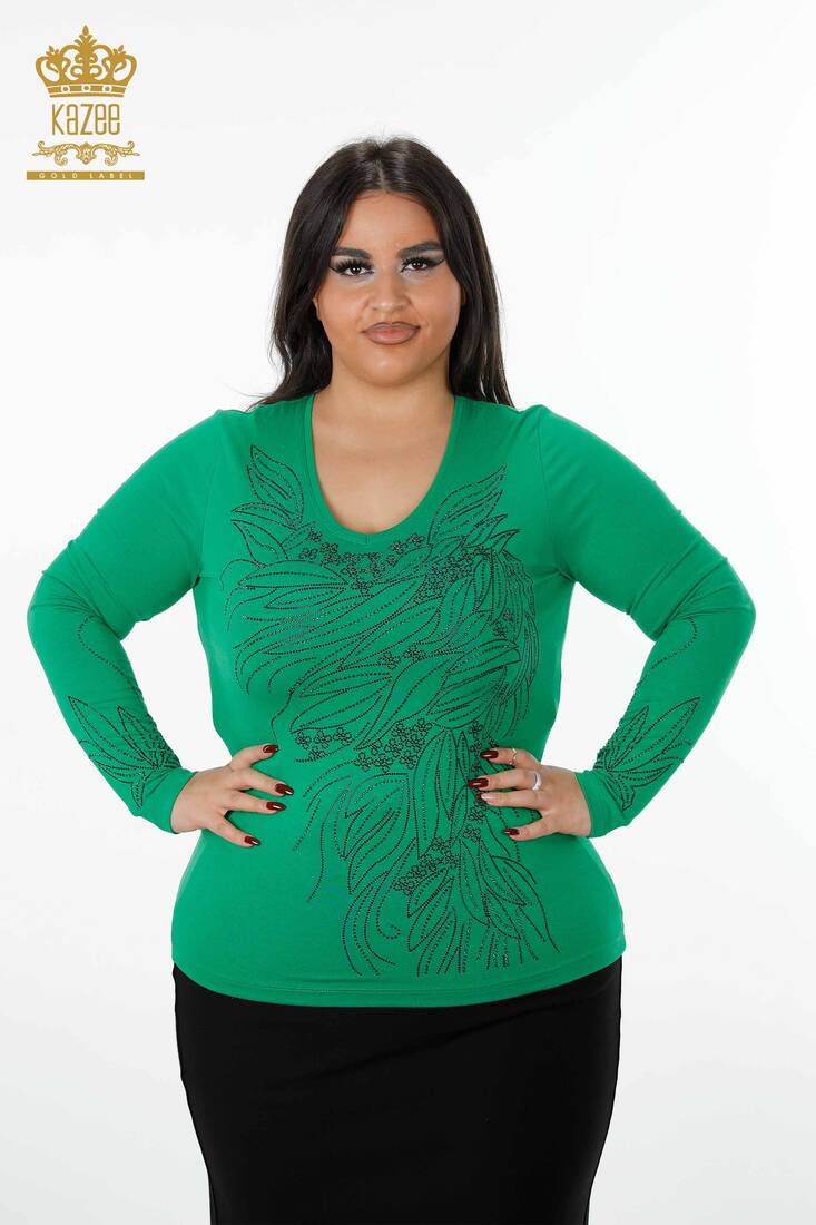 Women's Blouse Crystal Embroidered Green - 79020 | KAZEE