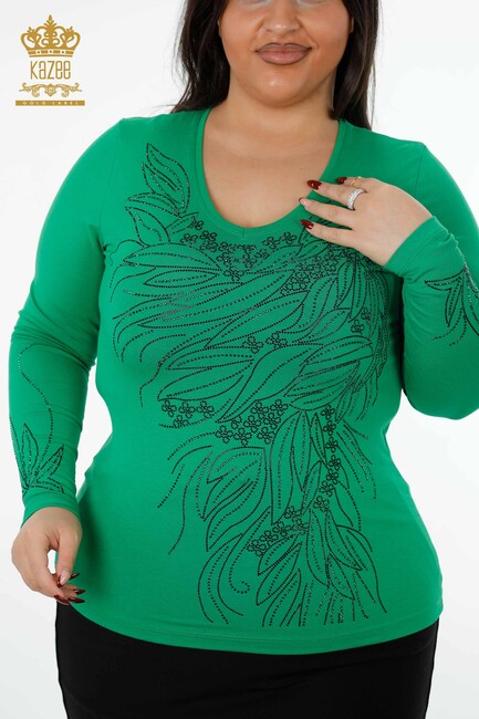 Women's Blouse Crystal Embroidered Green - 79020 | KAZEE - Thumbnail