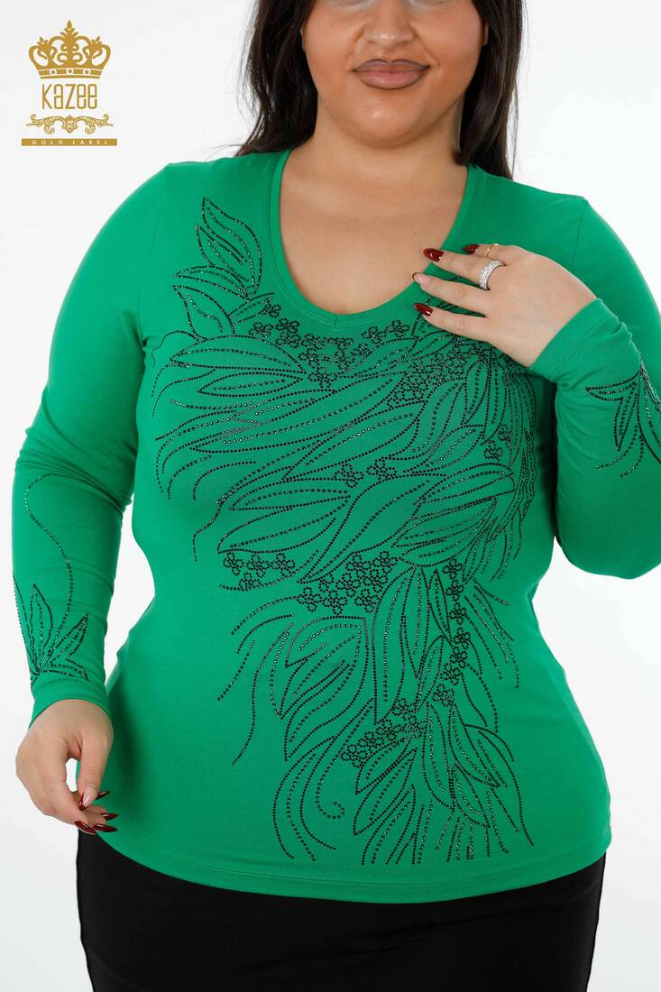 Women's Blouse Crystal Embroidered Green - 79020 | KAZEE