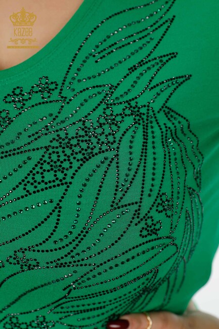 Women's Blouse Crystal Embroidered Green - 79020 | KAZEE - Thumbnail