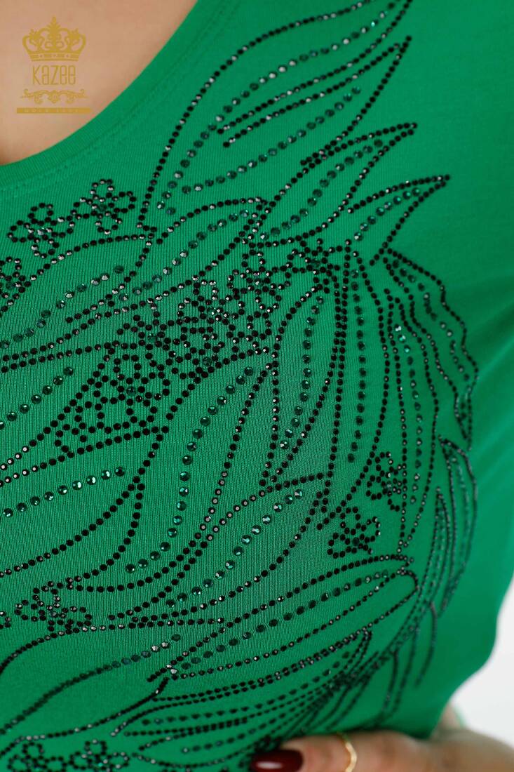 Women's Blouse Crystal Embroidered Green - 79020 | KAZEE