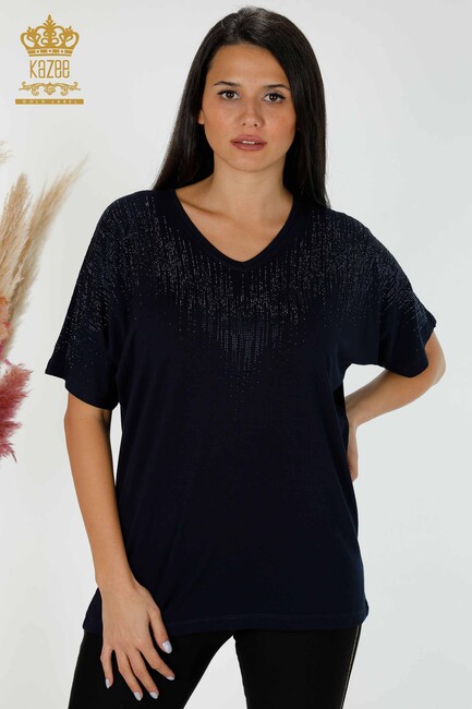 Women's Blouse Crystal Stone Embroidered Navy Blue - 77938 | KAZEE - Thumbnail