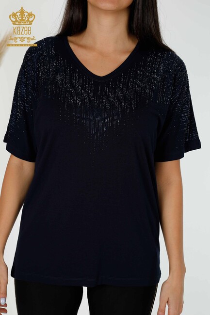 Women's Blouse Crystal Stone Embroidered Navy Blue - 77938 | KAZEE - Thumbnail