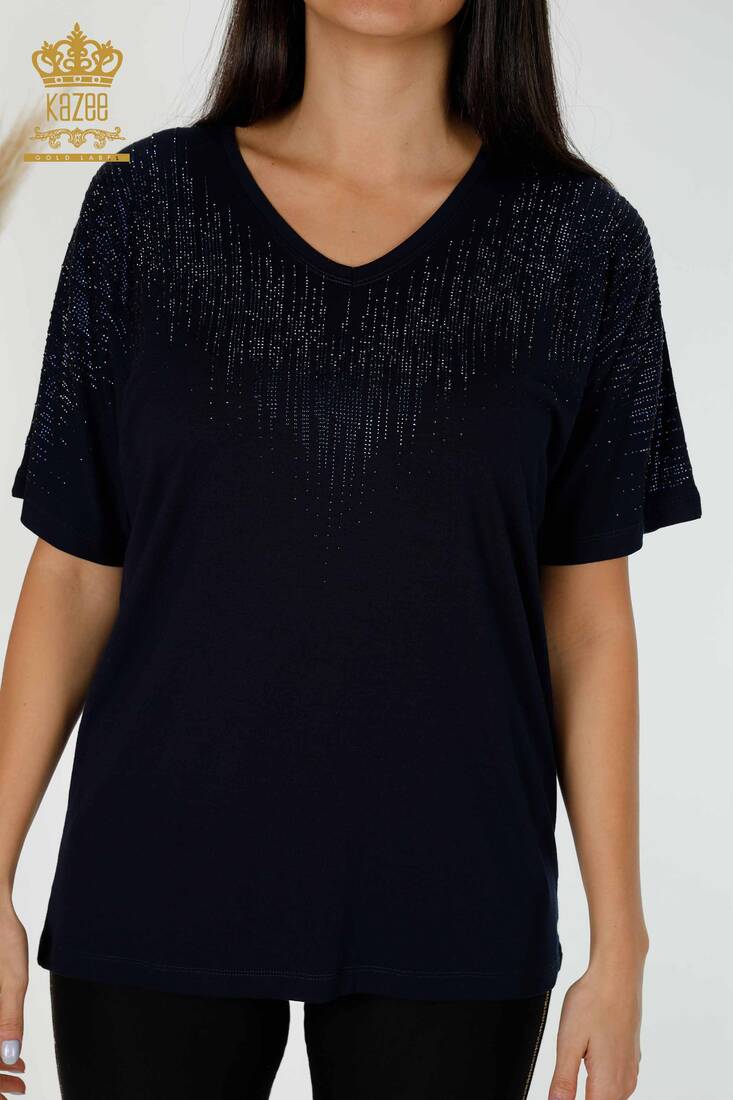 Women's Blouse Crystal Stone Embroidered Navy Blue - 77938 | KAZEE