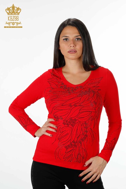 Women's Blouse Crystal Embroidered Red - 79020 | KAZEE - Thumbnail