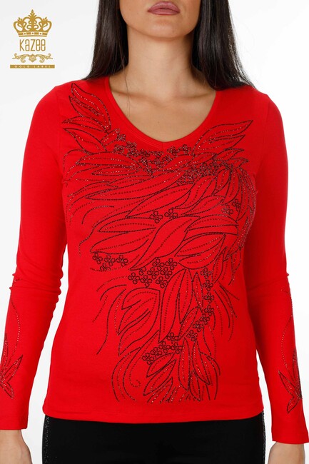 Women's Blouse Crystal Embroidered Red - 79020 | KAZEE - Thumbnail