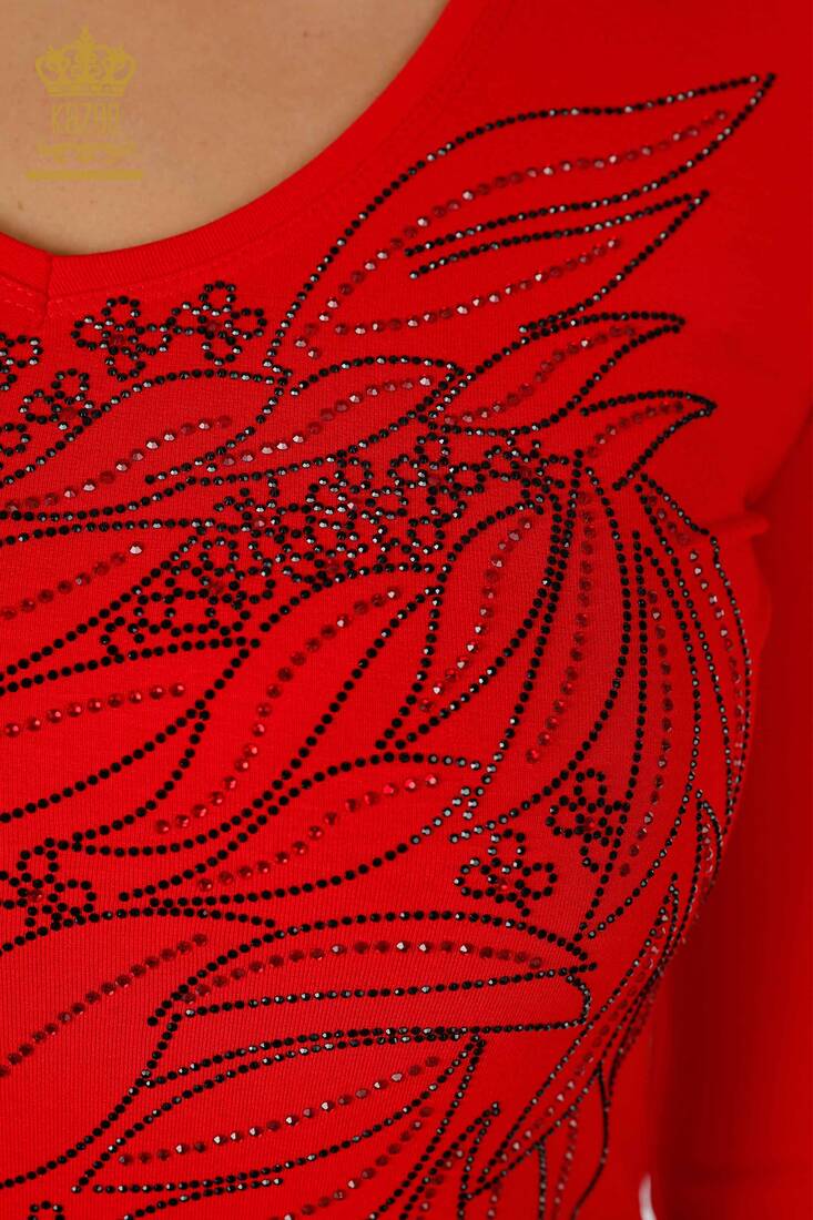 Women's Blouse Crystal Embroidered Red - 79020 | KAZEE