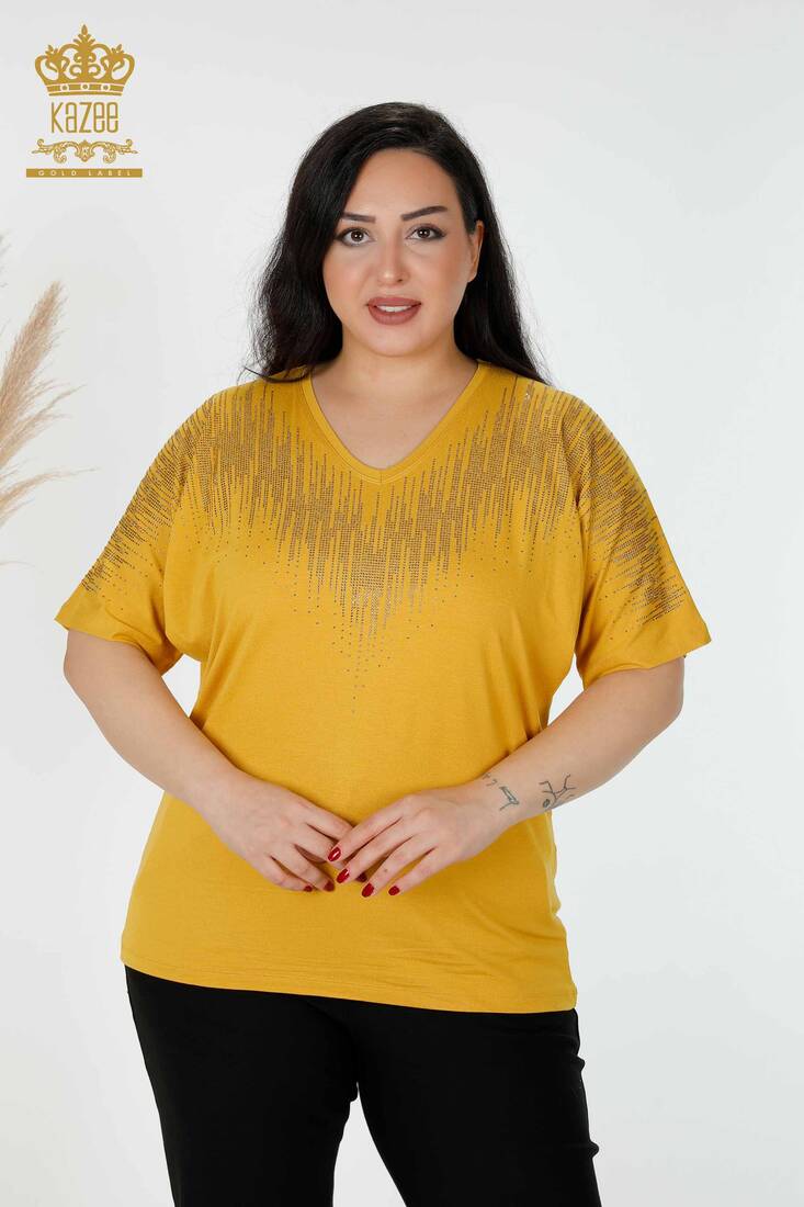 Women's Blouse Crystal Embroidered Saffron - 77938 | KAZEE