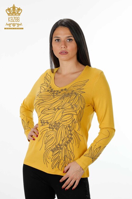 Women's Blouse Crystal Embroidered Saffron - 79020 | KAZEE - Thumbnail